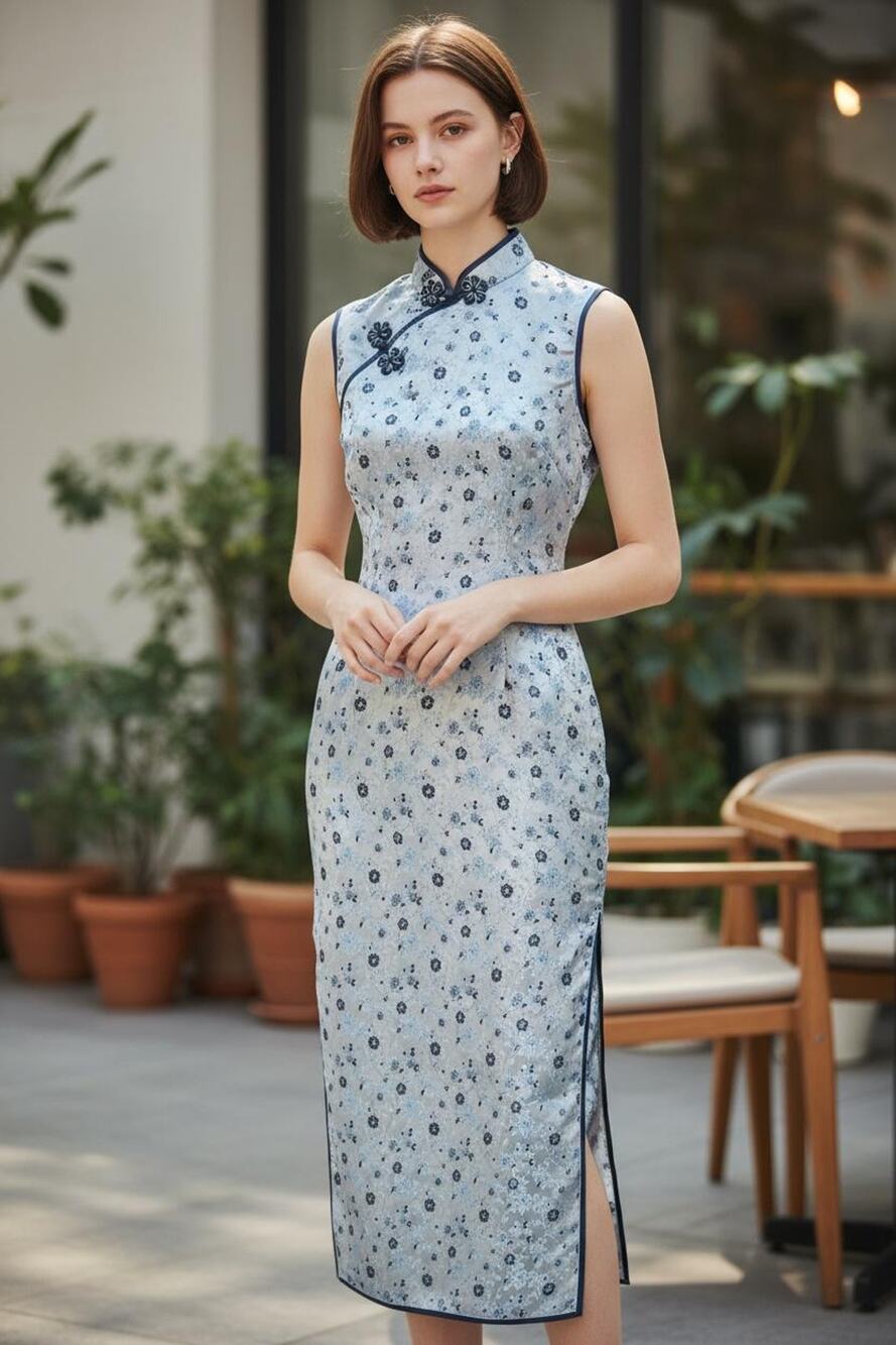 Pale Blue Satin Floral Cheongsam Qipao Dress XS Sleeveless Asian Style Dress